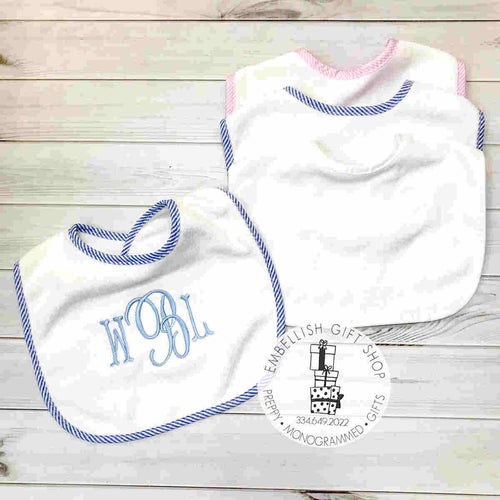 Monogrammed Baby Bib With Stripe Piping Trim Monogrammed Baby Bib With Stripe Piping Trim