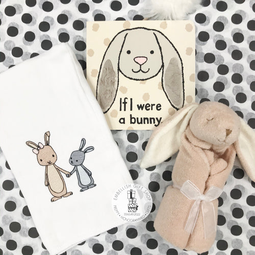 Beige Bunny Personalized Baby Lovie Security Blankie, Burp Cloth and Book Gift Set Beige Bunny Personalized Baby Lovie Security Blankie, Burp Cloth and Book Gift Set
