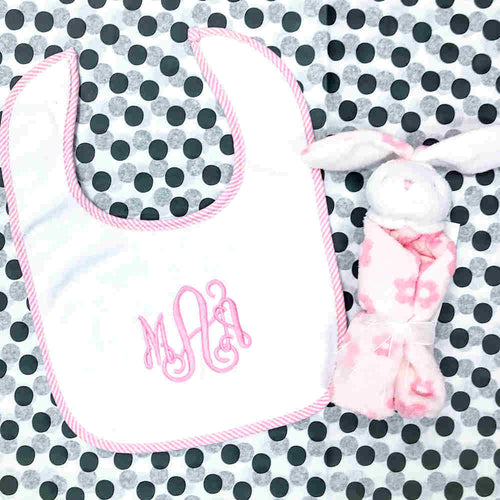 Personalized Pink Trim Bib & Bunny Lovie Gift Set Personalized Pink Trim Bib & Bunny Lovie Gift Set
