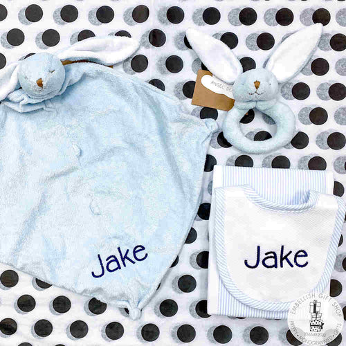 Personalized Blue Bunny Lovie + Rattle and Blue Seersucker Bib + Burp Set