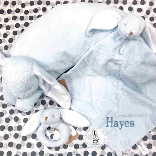 Personalized Blue Bunny Pillow, Lovie, and Rattle Gift Set Personalized Blue Bunny Pillow, Lovie, and Rattle Gift Set