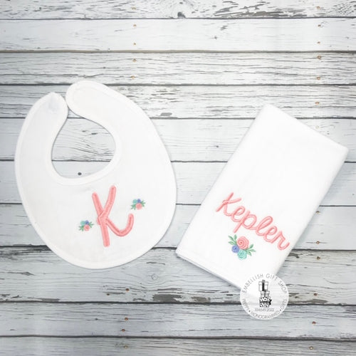 Floral Bib and Burp Gift Set