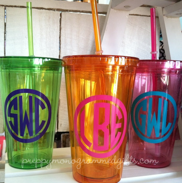 Preppy Block Monogram Glass Coffee Cup With Lid & Straw