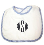 Monogrammed Baby Bib With Stripe Piping Trim