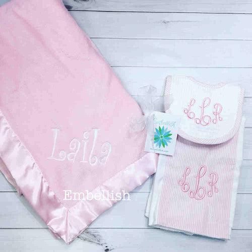 Personalized Pink Baby Blanket with Drooler Bib and Burp Set Personalized Pink Baby Blanket with Drooler Bib and Burp Set