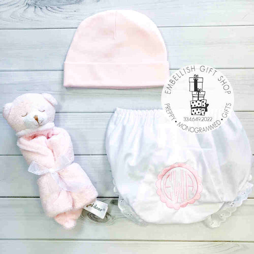 Personalized Fancy Panty Bloomers with Hat and Security Blanket Personalized Fancy Panty Bloomers with Hat and Security Blanket