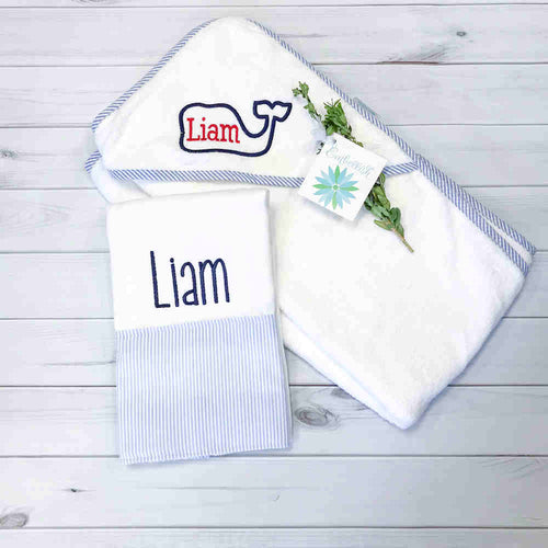 Whale Personalized Hooded Towel and Burp Cloth Set