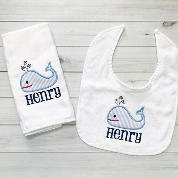 Seersucker Backpack, Bib, and cheapest Burp Cloth including Applique, Personalized Seersucker Baby Gift Set, Baby Shower Gift, Baby Boy Gift