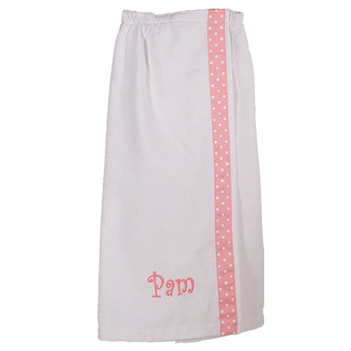 Monogrammed Spa Wrap White with Pink and White Polka Dot Trim Monogrammed Spa Wrap White with Pink and White Polka Dot Trim