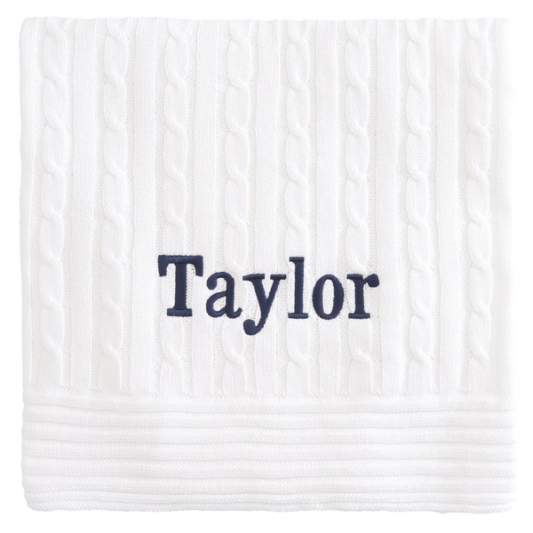 PERSONALIZED COTTON CABLE KNIT BABY BLANKET - MONOGRAM (pink/blue