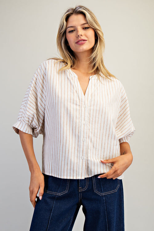 Striped Button Down Short Sleeve Top TK14776