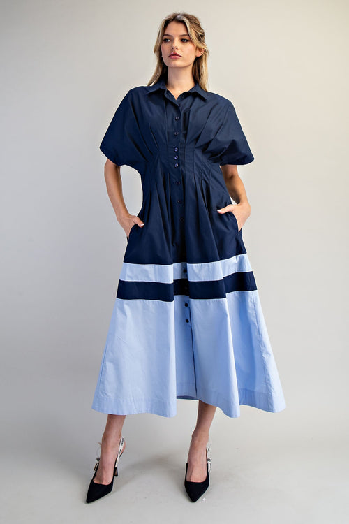 Color Block Button Down Pleated Midi Dress DK14873