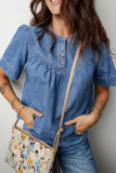 Beau Blue Seam Pleated Detail Half Button Short Sleeve Denim Top