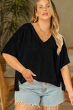 Black Pointelle Rhombus Knit Plus Size V Neck Loose Top