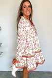 Pink Floral Print Contrast Trim Frilled Neck Long Sleeve Flared Dress