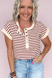 Red Stripe Half Buttons Round Neck T Shirt
