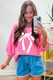 Sachet Pink Big Ribbon Bow Print Contrast Stitch Trim Drop Shoulder Sweater