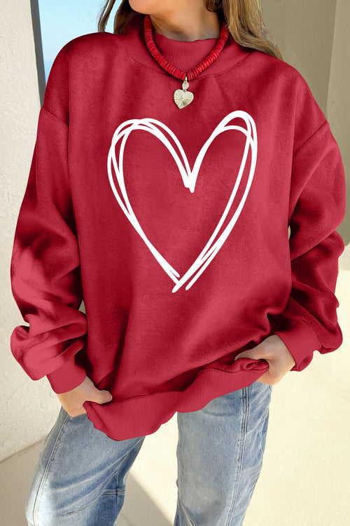 Racing Red Valentines Day Heart Love Script Reversible Printed Double Wear Mock Neck Sweatshirt