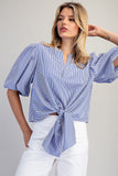 Striped Button Down Back Tie Front Blouse TK14696
