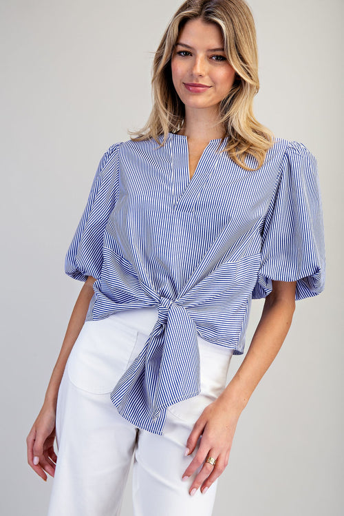 Striped Button Down Back Tie Front Blouse TK14696