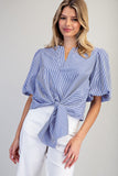 Striped Button Down Back Tie Front Blouse TK14696