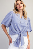 Striped Button Down Back Tie Front Blouse TK14696