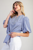 Striped Button Down Back Tie Front Blouse TK14696