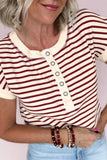 Red Stripe Half Buttons Round Neck T Shirt