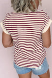 Red Stripe Half Buttons Round Neck T Shirt