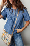 Beau Blue Seam Pleated Detail Half Button Short Sleeve Denim Top