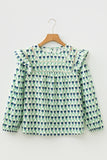 Green Floral Print Lace Detail Ruffle Trim Long Sleeve Blouse