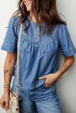 Beau Blue Seam Pleated Detail Half Button Short Sleeve Denim Top