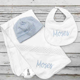 Personalized Solid White With Blue Trim Bib