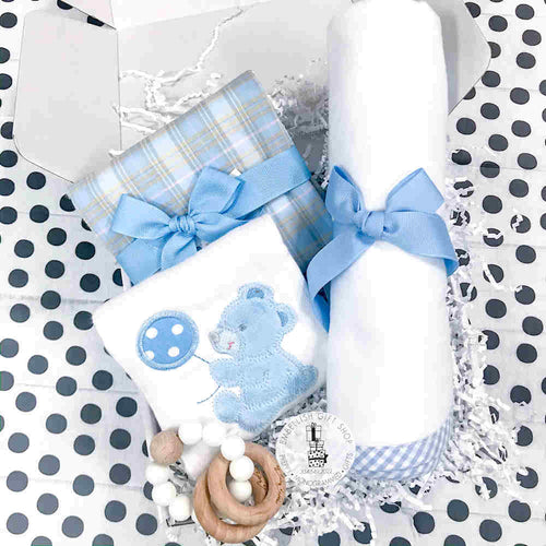Personalized Plaid and Bear Burp + Receiving Blanket and Rattle Gift Set