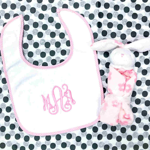 Personalized Pink Trim Bib & Bunny Lovie Gift Set