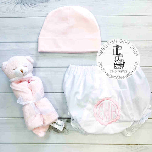 Personalized Fancy Panty Bloomers with Hat and Security Blanket