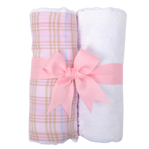 Personalized Pink Plaid Set of 2 Fabric Burp Pads
